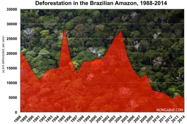 Deforestation rates in the Amazon decreased by 80% from 2004 to 2014. Photo credit: Mongabay.com.