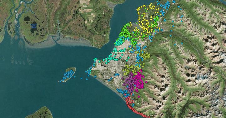 13 'Urban' brown bears were tracked in Anchorage, Alaska using GPS collars to study instances of human wildlife conflict.  Each dot represents a transmission from the collar to a satellite, while each color represents an individual brown bear. Photo credit: Alaska DP&G.