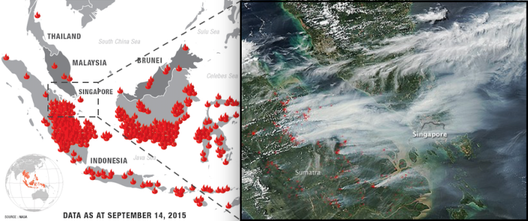A map of active fires in Indonesia as of September, as well as satellite imagery of the thick Southeast Asian haze. Photo credit: The Malaysian Insider, NASA.