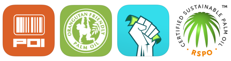 From left to right: The Palm Oil Initiative Barcode Scanner app, Cheyenne Zoo's Palm Oil Shopping Guide app, the barcode scanner app Buycott, and the logo for RSPO, indicating sustainable production of palm oil.