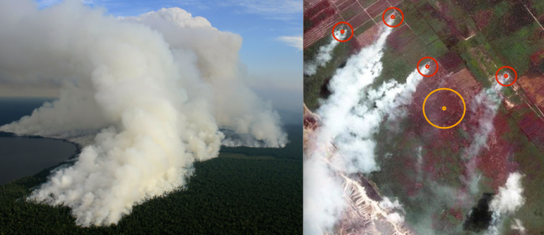 Users tag suspected fires (red) or burn scars (orange), which are confirmed by other users and investigators. For some images, where thick haze obscures a clear view of the ground, users can view infrared imagery to identify fires, which show up as red pixels. Photo Credit: Decker Aviation, Tomnod.